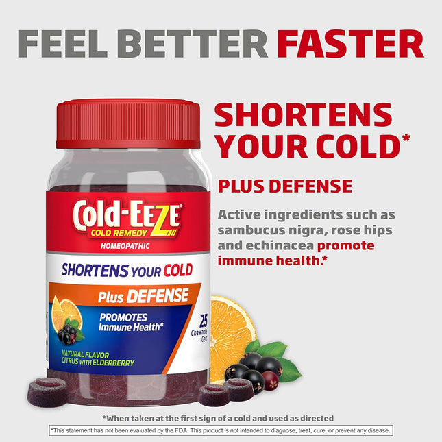 Cold-Eeze plus Defense Natural Citrus & Elderberry Zinc Chewable Gels, Homeopath