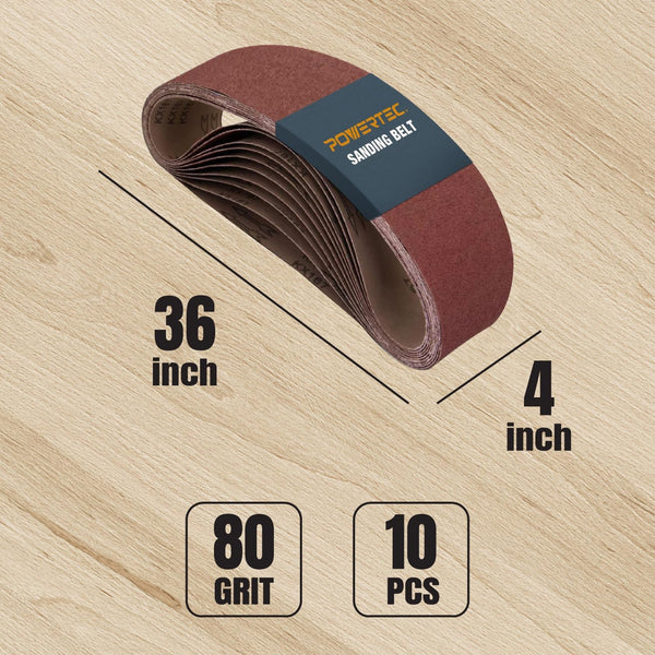 POWERTEC 10PK 4X36 Sanding Belts, 80 Grit Aluminum Oxide, 4 X 36 Inch Sanding Belts for Benchtop Belt and Disc Sander, Belt Sandpaper,
