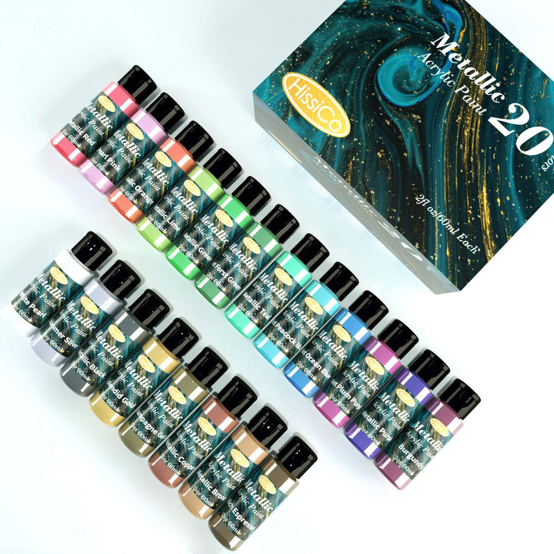 HissiCo Metallic Acrylic Paint Set of Premium 20 Colors, Professional Grade Metallic Paint with 2fl oz（60ml） Bottles, Non-Toxic, Rich Pigments -