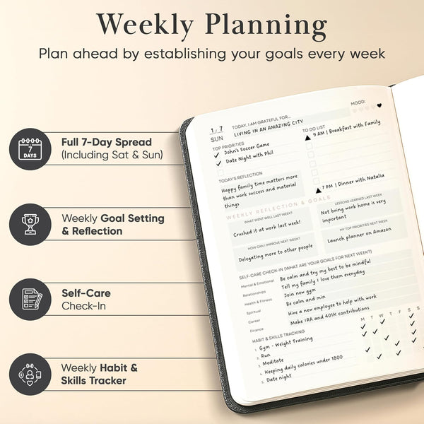 2025 Planner, Daily Journal & Gratitude Journal All-In-One with to Do List, Self Care Prompts & Habit Tracker - 5.8 X 8.3 - Black