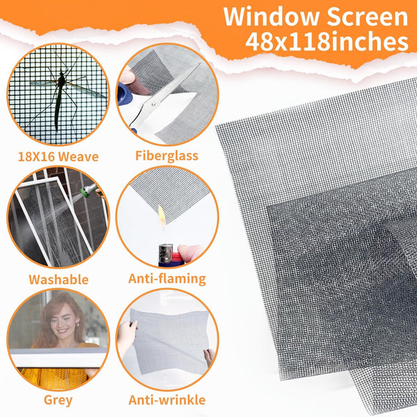 King&Charles Window Screen Replacement, 6in1 Window Screen Door Repair Kit 48"×118" Gray