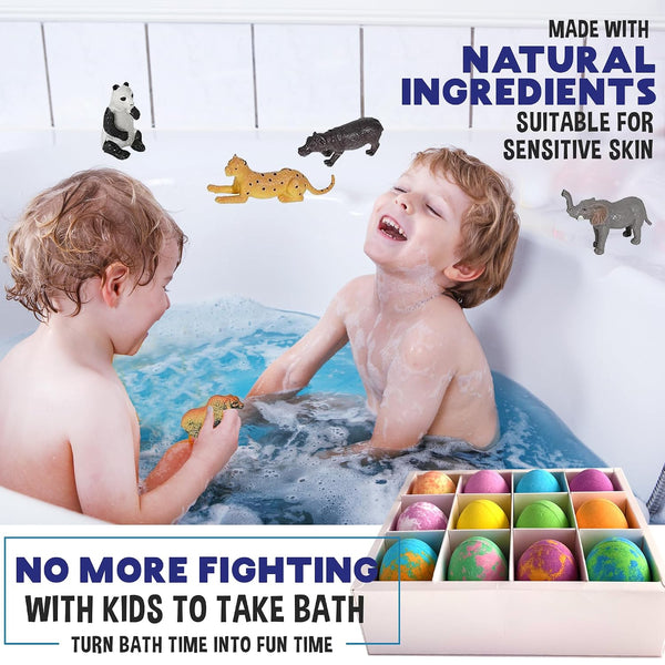 Bath Bombs for Kids with Surprise Inside, 12 pk Kids Bath Bombs with Toys | Bath Bombs with Jungle Toys, Organic, Natural, Skin-Moisturizing