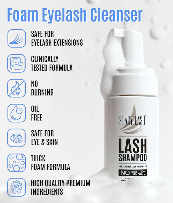 STACY LASH Eyelash Extension Shampoo + Brush / 3.38 Fl.Oz / 100Ml / Eyelid Foaming Cleanser/Wash for Extensions & Natural Lashes/Safe Makeup