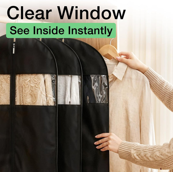 43" Suit Bags for Closet Storage and Travel, Garment Bags for Hanging Clothes, Suit Garment Bag for Men, Black Suit Cover Bags with Clear Window