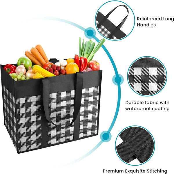 WOWBOX Reusable Grocery Bags, Foldable Reusable Shopping Tote Bags Black 4 Pack