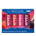 NIVEA Lip Care, Fruity Tinted Lip Balm Variety Pack, Cherry, Strawberry, Blackberry and Watermelon Flavors, 3-In-1 Moisture, Repair and Color,