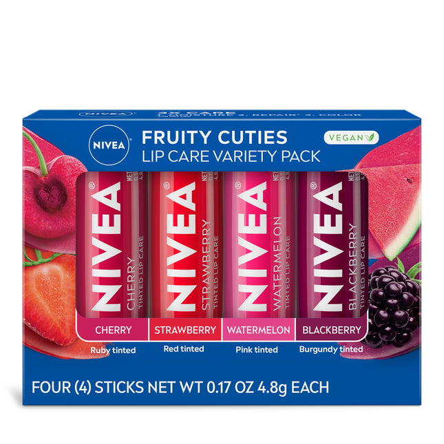 NIVEA Lip Care, Fruity Tinted Lip Balm Variety Pack, Cherry, Strawberry, Blackbe