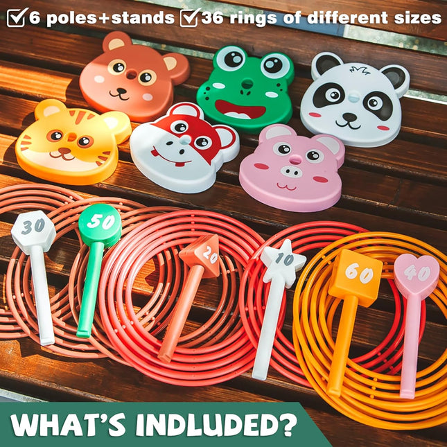 Animal Ring Toss Game Toy Set for Kids, 6 Targets Stands & 36 Rings Combo, Indoor Outdoor Party Yard Family Adults Activ