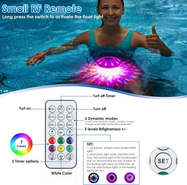 Floating Pool Lights with 6 Dynamic Lighting Effects, IP68 Waterproof, Rechargeable RGB Upper and Lower Color Changing for Inground Pools - 6 Pack