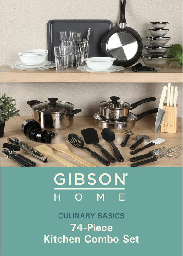 Gibson Home 74 Piece Kitchen in a Box Pots and Pans Cookware, Plates and Bowls Dinnerware, Cutlery Knife Block, Flatware Utensils, Tools &