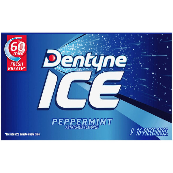 Dentyne Ice Peppermint Sugar Free Gum, 9 Packs of 16 Pieces (144 Pieces) | Chewing Gum, Perfect for Long Lasting Fresh Breath at School, Work &