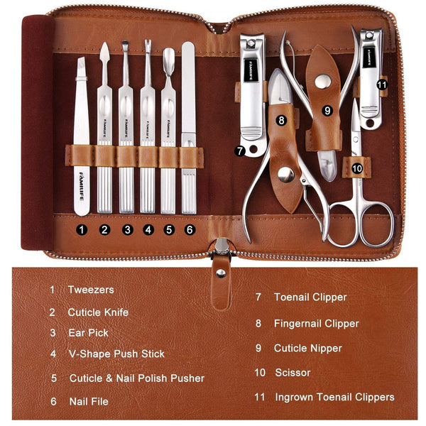 FAMILIFE Manicure Set, 11 in 1 Professional Manicure Kit Nail Clippers Set, Stainless Steel Pedicure Tools Toe Nail Kit, Men Grooming Tool with