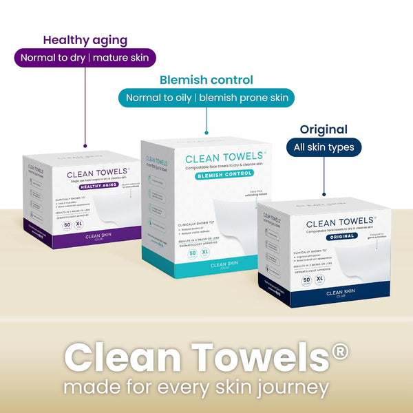Clean Skin Club Bamboo Viscose Clean Towels® XL 100% USDA Biobased Face Towel, Disposable Face Towelette, Makeup Remover Dry Wipes, Ultra Soft, 50