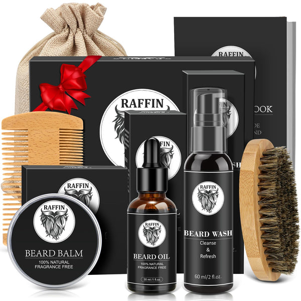 RAFFIN Beard Kit w/Beard Oil, Beard Balm, Beard Brush, Beard Comb, Beard Wash/Shampoo for Men's Self-care, Christmas & Stocking Stuffers for Adult