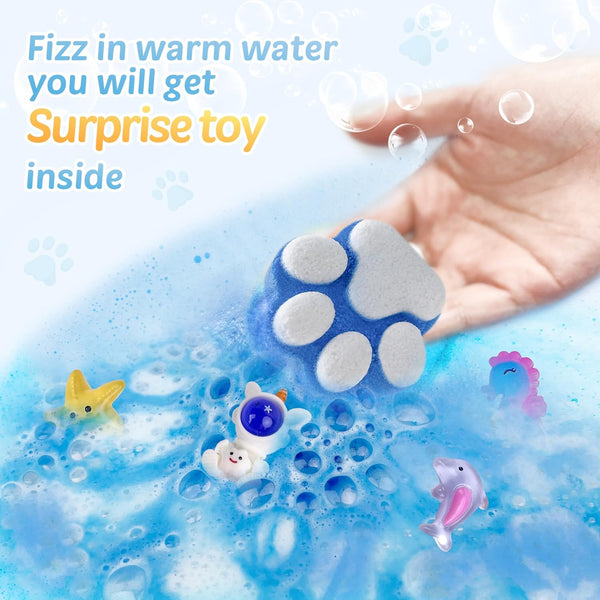 Bath Bombs for Kids with Surprise Inside, 32 Pack Paw Bath Bombs with Toy, Ocean Animals and Space Planet Toys SPA Fizzy Handmade Natural Bath
