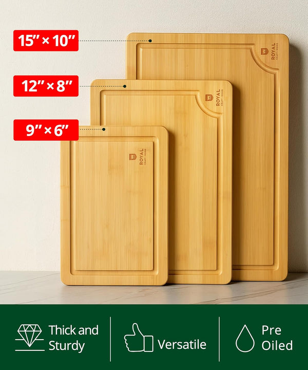 ROYAL CRAFT WOOD Wooden Cutting Boards for Kitchen Meal Prep & Serving - Bamboo Wood Serving Board Set with Deep Juice Groove Side Handles -