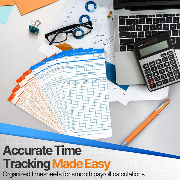 Flexzion Monthly Time Cards for Employees - Dual-Sided, Orange/Blue Attendance Tracker, 270-Piece Time Sheets Compatible with 6-Column Time Clock