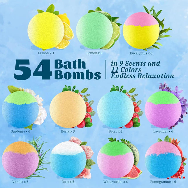 54 Pack Handmade Bath Bombs â 11 Vibrant Colors & 9 Unique Scents, Long-Lasting Fizzy Bubbles & Colorful Magic, 7-Minu