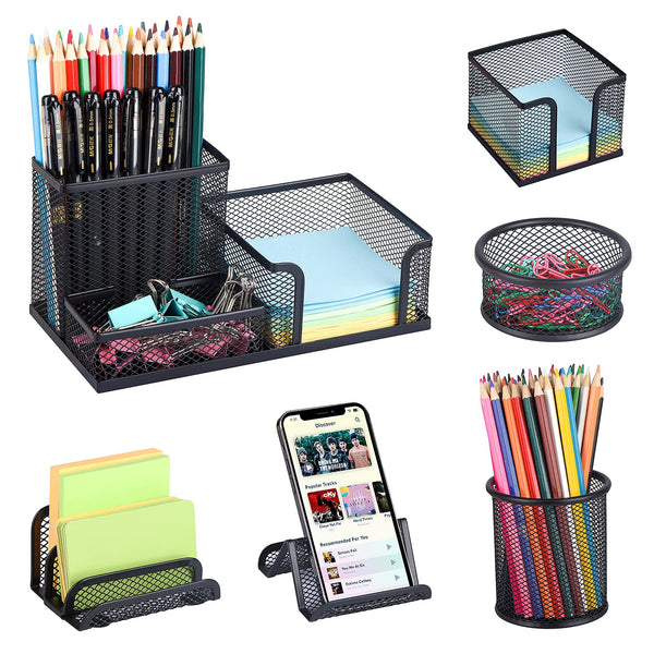 Pen Holder for Desk, 6 Pieces Mesh Desk Organizer Set 3 Compartments Pens Holder, Mail Organizer Letter Holder Home Office Supplies Caddy Storage