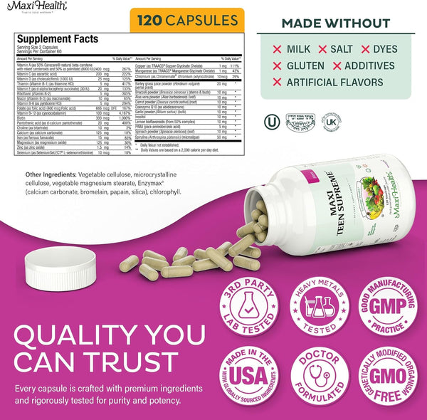 Maxi Health Teen Supreme Hers Vitamins for Teen Girls (120) - Women'S Multivitamin for Energy, Immune Boost, Body & Brain Growth - Womens Multi