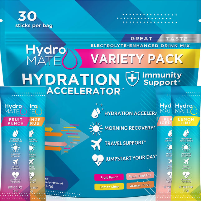 Hydromate Electrolytes Powder Drink Mix Packets Hydration Accelerator Low Sugar 