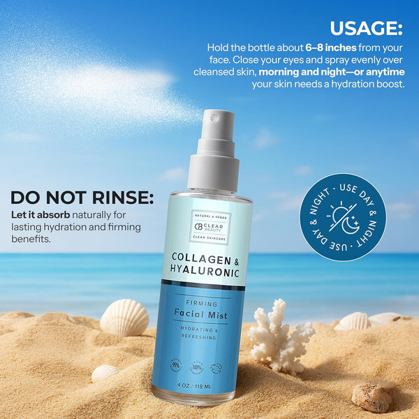 Clear Beauty Hyaluronic Acid & Collagen Face Mist - Dermatologist Tested, Moisturizes & Tones Skin, Anti-Aging, Natural Ingredients, Cruelty-Free,