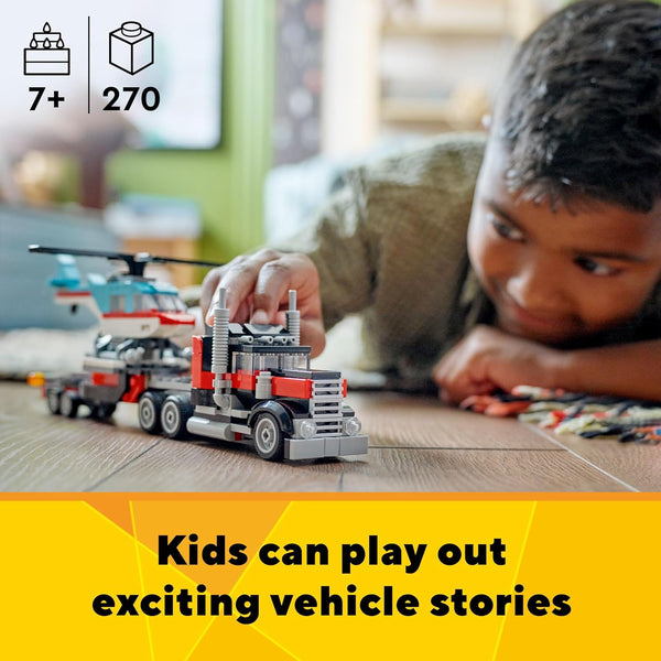 LEGO Creator 3 in 1 Flatbed Truck with Helicopter Toy, Transforms from Flatbed Truck Toy to Propeller Plane to Hot Rod and SUV Cars, Gift Idea for