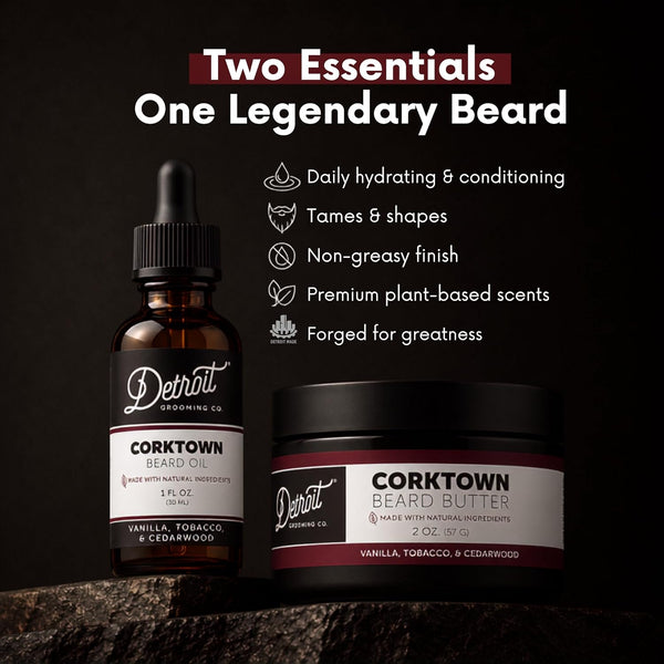Detroit Grooming Co. Beard Oil & Beard Butter Bundle – Corktown (Vanilla, Tobacco & Cedarwood Scent) – Beard Hydration Set with Vitamin E &