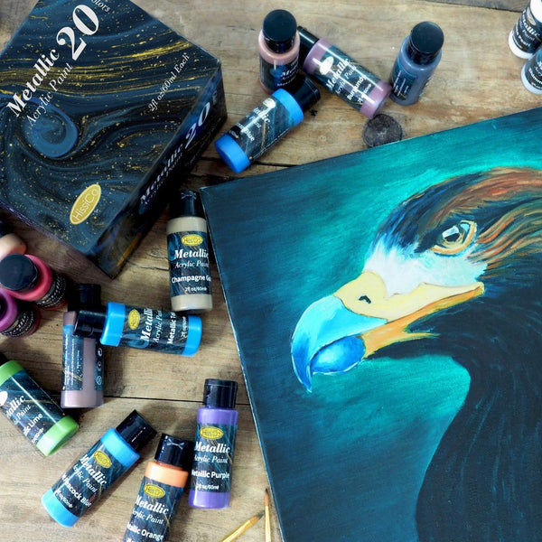 HissiCo Metallic Acrylic Paint Set of Premium 20 Colors, Professional Grade Metallic Paint with 2fl oz（60ml） Bottles, Non-Toxic, Rich Pigments -