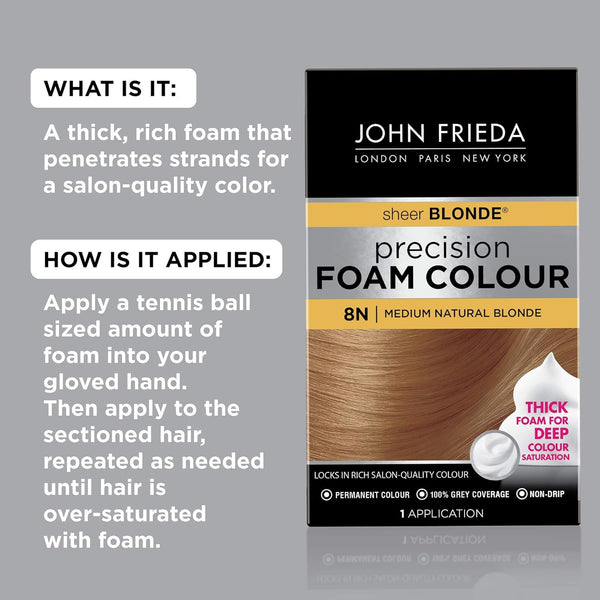 John Frieda Precision Foam Colour Medium Natural Blonde 8N, 1 Application Medium Natural Blonde 8N 1 Count (Pack of 1)
