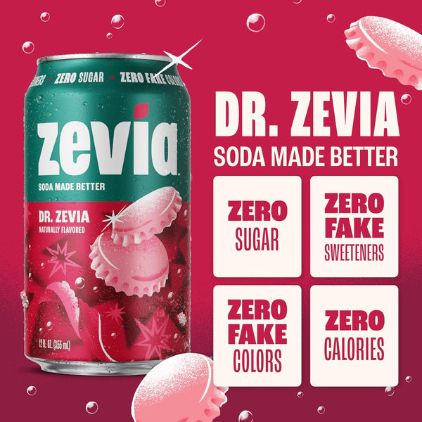 Zevia Zero Sugar Soda, Dr. Zevia, 12 oz Cans (24-Pack) – Naturally Sweetened, Zero Calorie Sugar Free Soda - Non-GMO Project Verified,