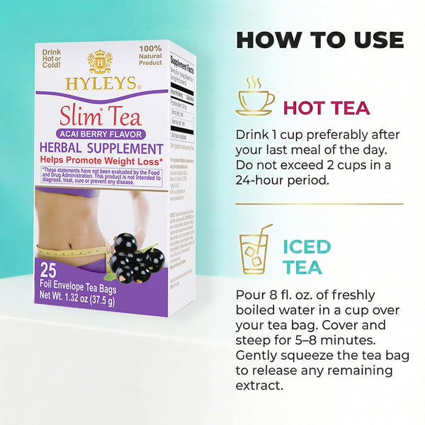 Hyleys Slim Tea Acai Berry Flavor - Weight Loss Herbal Supplement Cleanse and Detox - 25 Tea Bags (1 Pack)