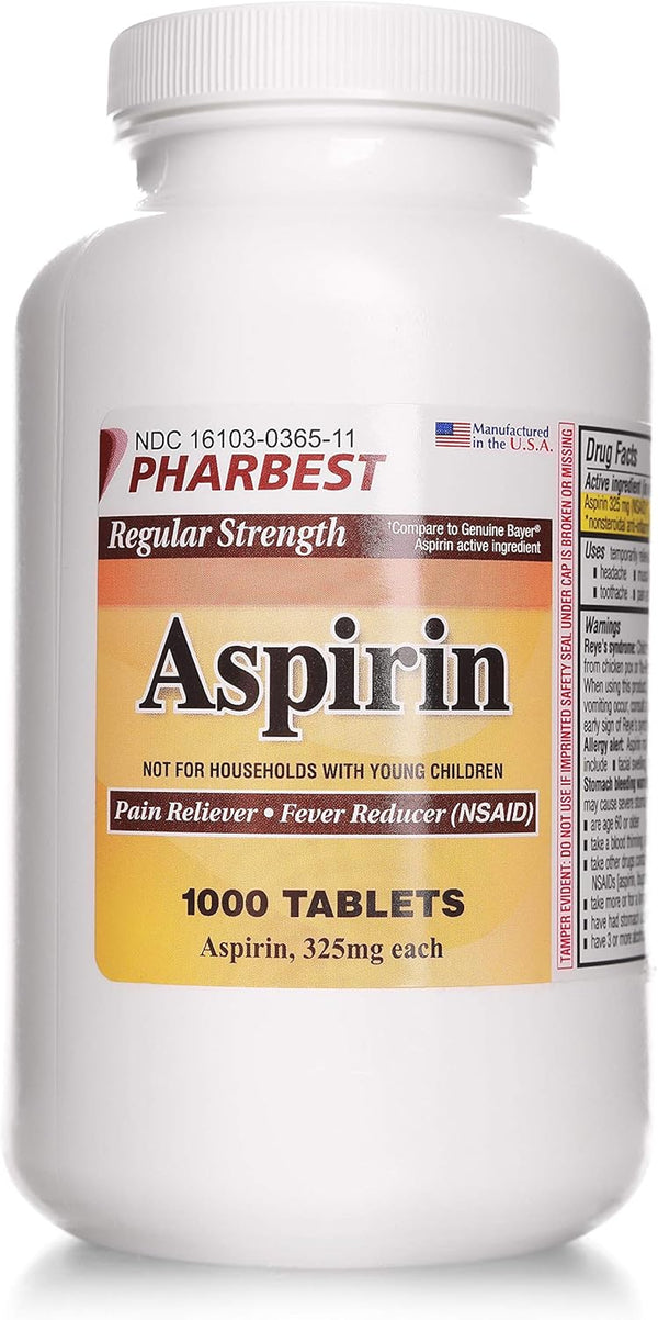 PHARBEST Aspirin 325 mg | Regular Strength | 1000 Count Uncoated Tablets