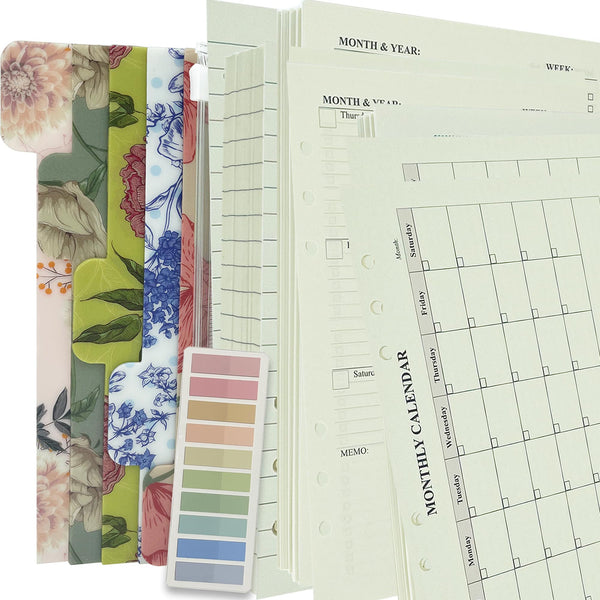 90+54+14 A5 Refill Paper with Undated Monthly Weekly Calendar Planner Inserts, 6 Ring Loose Leaf Lined Filler Paper Refillable for Binder Planner