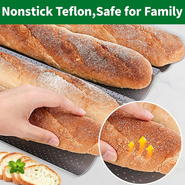 AMAGABELI GARDEN & HOME 2 Pack Baguette Bread Pan 15" x 13" Nonstick Perforated Baguette Tray French Bread Baking 4 Wave Loaf Bake Mold Toast