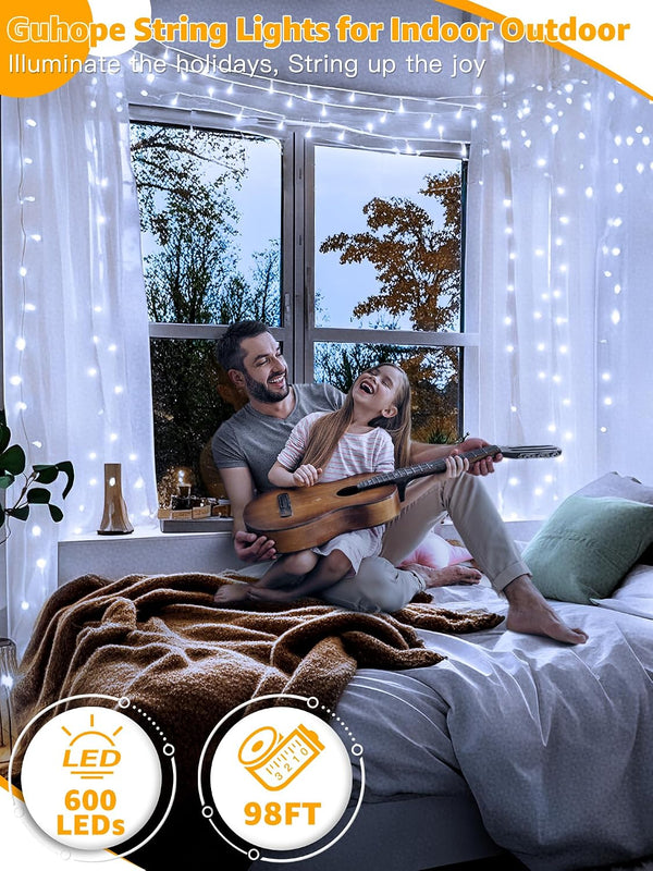 Christmas Lights 600LED 98FT, Waterproof Outdoor String Lights with Remote and Timer, 8 Modes Dimmable Fairy Lights for Indoor Outdoor Wedding