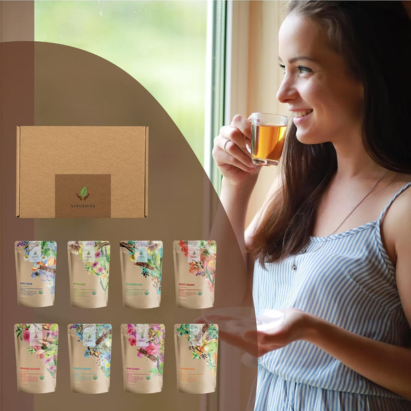 Gardenika Organic Loose Leaf Tea Sampler – 8 Pack, 1 LB – Herbal and Naturally Caffeine-Free Set - Ayurvedic Assortment Blend Sampler (8 Pack, 1 lb)
