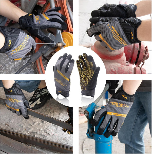 HANDLANDY Mens Work Gloves Touch screen, Utility Mechanic Gloves, Flexible Breathable Fit- Padded Knuckles & Palm Medium Grey