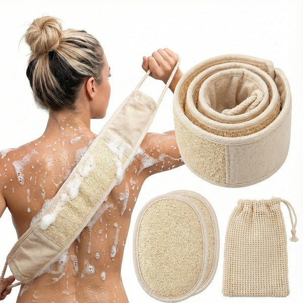 Natural Loofah Bath Set, Exfoliating Luffa Sponge Pads, Back Loofah Scrubber and Sisal Soap Bag. Bath Shower Loofah Sponges for Women and Men, for