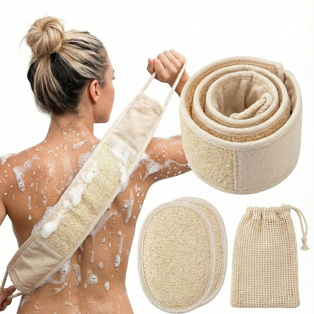 Natural Loofah Bath Set, Exfoliating Luffa Sponge Pads, Back Loofah Scrubber and