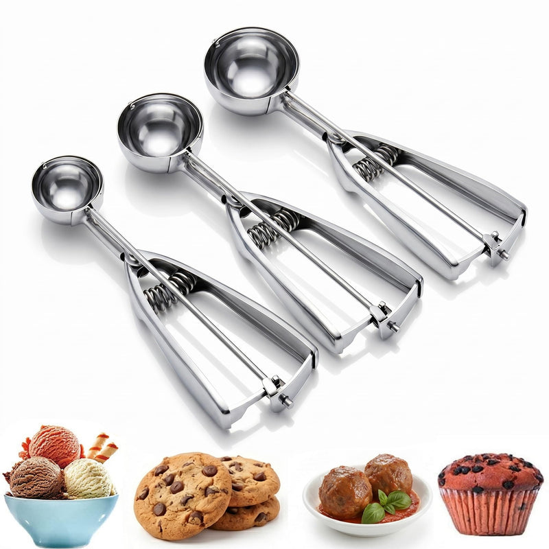 Ice Cream Scoop, 3Pcs Cookie Scoop Set, Stainless Steel Ice Cream Scooper with Trigger Release, Large/Medium/Small Cookie Scooper for Baking,