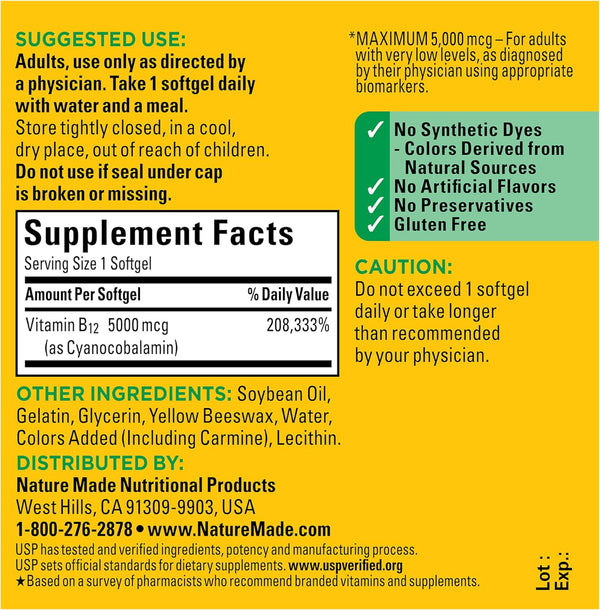 Nature Made Maximum Strength Vitamin B12 5000 Mcg, Dietary Supplement for Energy Metabolism Support, 60 Softgels, 60 Day Supply