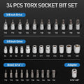 34-Piece 3/8'' Drive Torx Star Bit sockets CR-V E-Socket Set, E4-20, T10-60, Tamper Proof Set TT10-TT55, 5/16"F to 3/8"M adapter with Storage