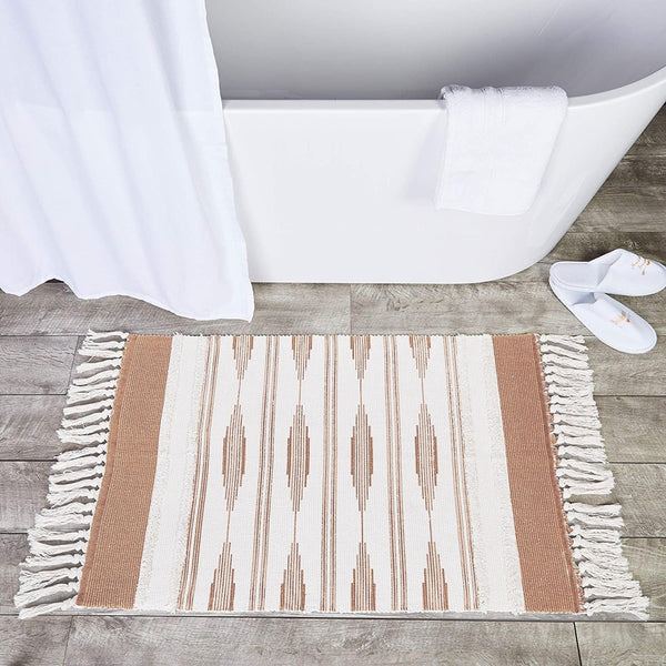 Okuna Outpost Bathroom Rugs - Bohemian Bath Rug with Tassels & Low Pile - Washable Cotton Bath Mat & Shower Rug - Bohemian Decor - 23.6 x 35