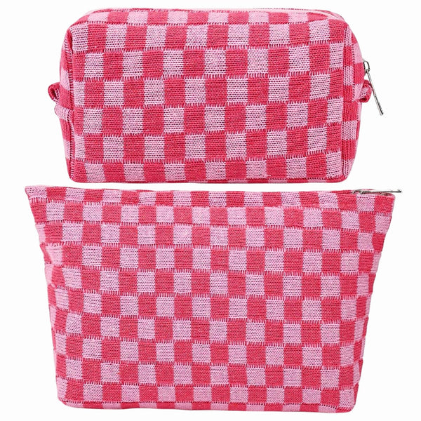 GUTGNK 2-Pack Makeup Bag For Women - Large Checkered Knitted Cosmetic Bags&Small Makeup Pouch Aesthetic Design Travel Toiletry Bag Skincare Bag