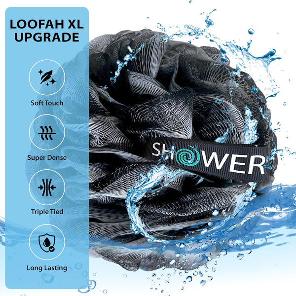 SHOWER BOUQUET Loofah-Charcoal Bath-Sponge-4-Pack Extra-Large 75g Soft Mesh | Black Luffa Loufa Loofa Puff Set / Exfoliating Body Scrubber Lufas
