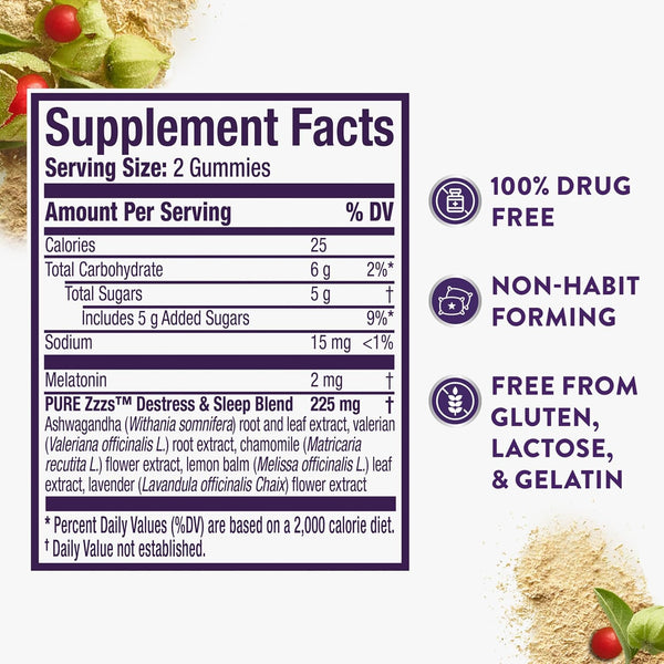 Zzzquil PURE Zzzs De-Stress Gummy, Melatonin Gummies, Sleep Aid, Melatonin 2Mg, Ashwagandha for Stress Support, Melatonin Sleep Gummies, Sleep