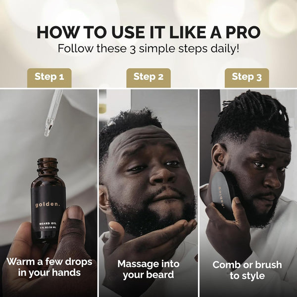 Golden Grooming Beard Oil for Men | Natural Growth Kit with Castor Oil, Jojoba Oil, and Olive Oil | Tames, Moisturizes & Styles | Warm Cedar Scent