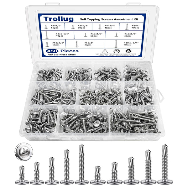 450PCS Self Tapping Screws for Metal, 410 Stainless Steel Self Drilling Screws #80 Truss Head Sheet Metal Screws Assortment Kits, Length 1/2"