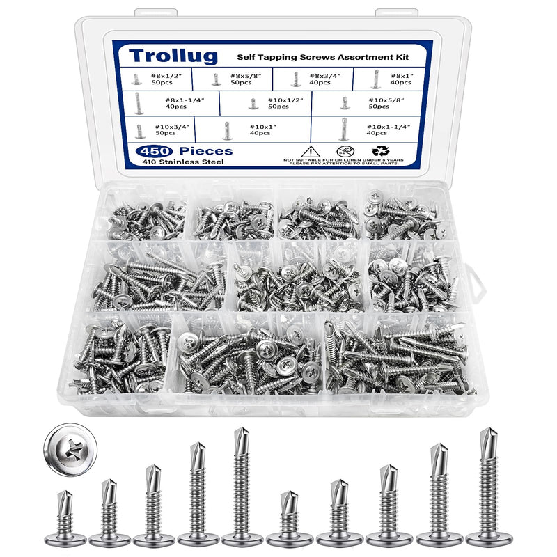 450PCS Self Tapping Screws for Metal, 410 Stainless Steel Self Drilling Screws #80 Truss Head Sheet Metal Screws Assortment Kits, Length 1/2"